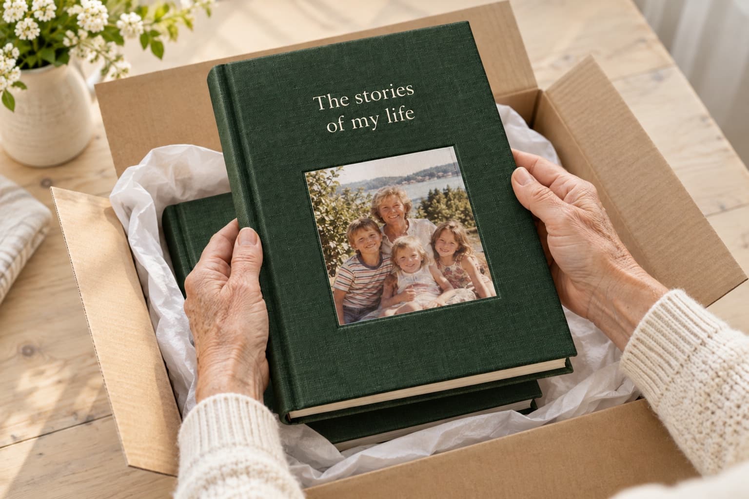 Hands lifting a green linen hardcover out of a shipping box, with a second copy underneath