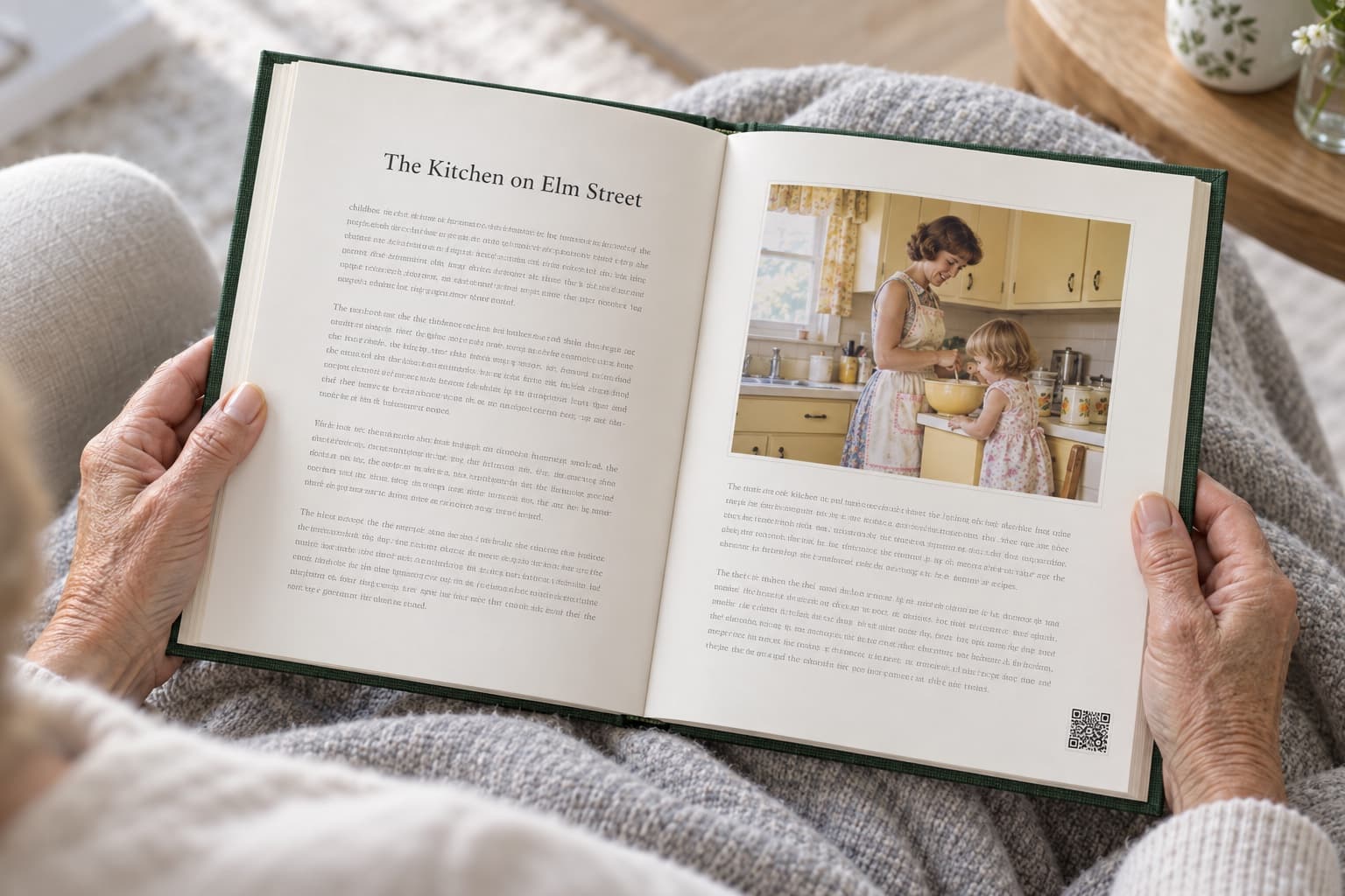Hands holding the book open to a printed story, The Kitchen on Elm Street, with a family photo and a code on the page