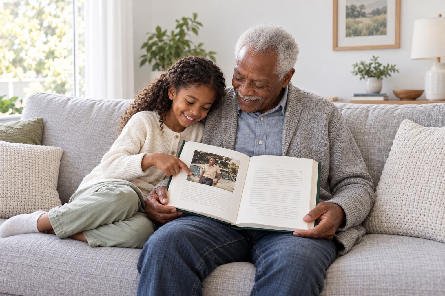 A grandfather and his granddaughter on the sofa, laughing over a photo of him as a young man in his book