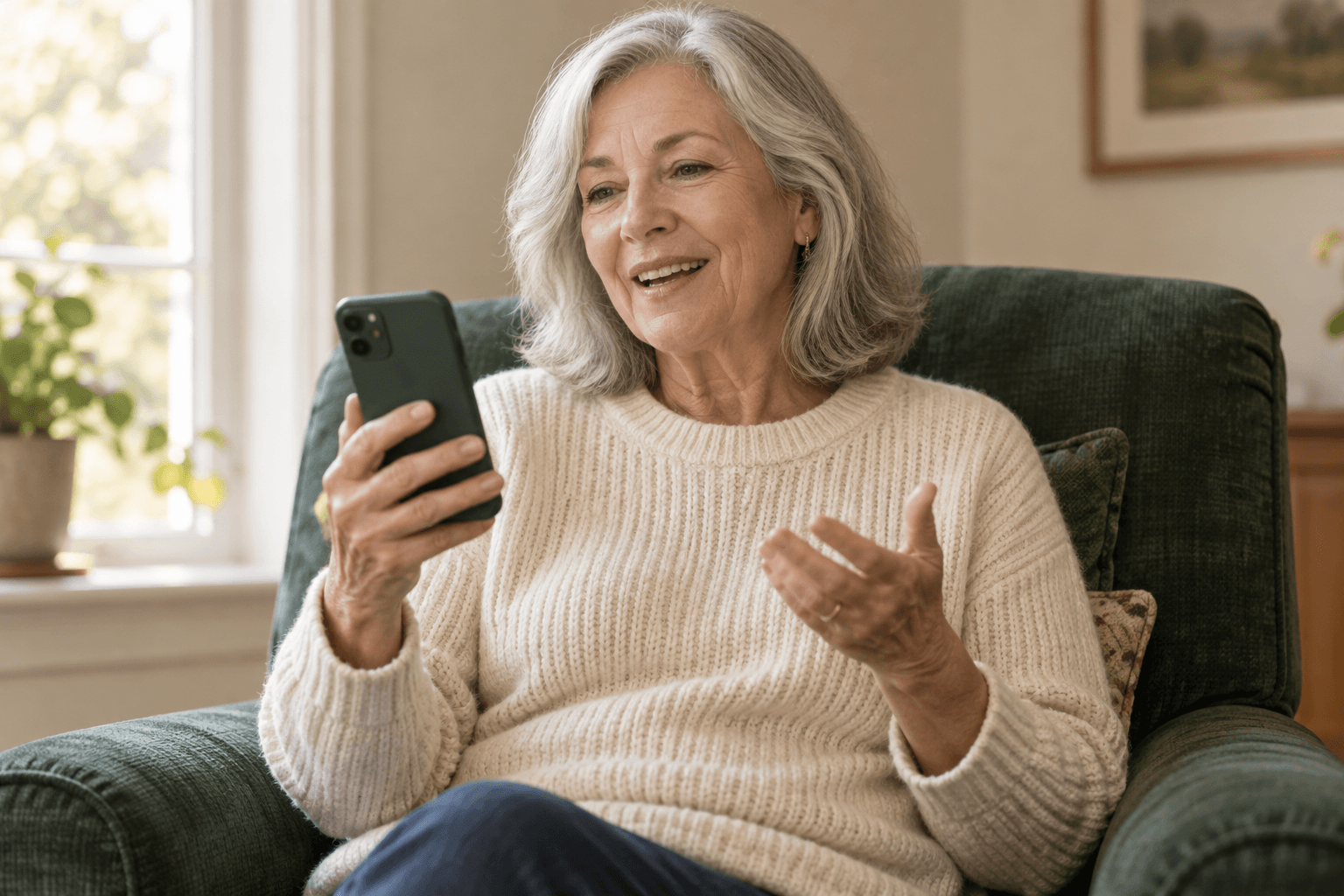 A woman in an armchair telling a story out loud to her phone